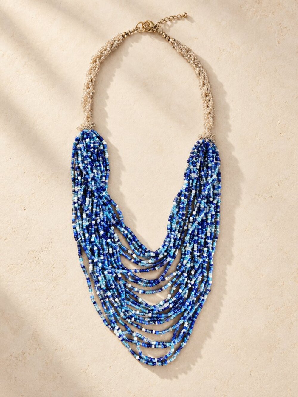 Vintage Blue Multi Strand Beaded Bib Statement Necklace Boho Coastal Resort